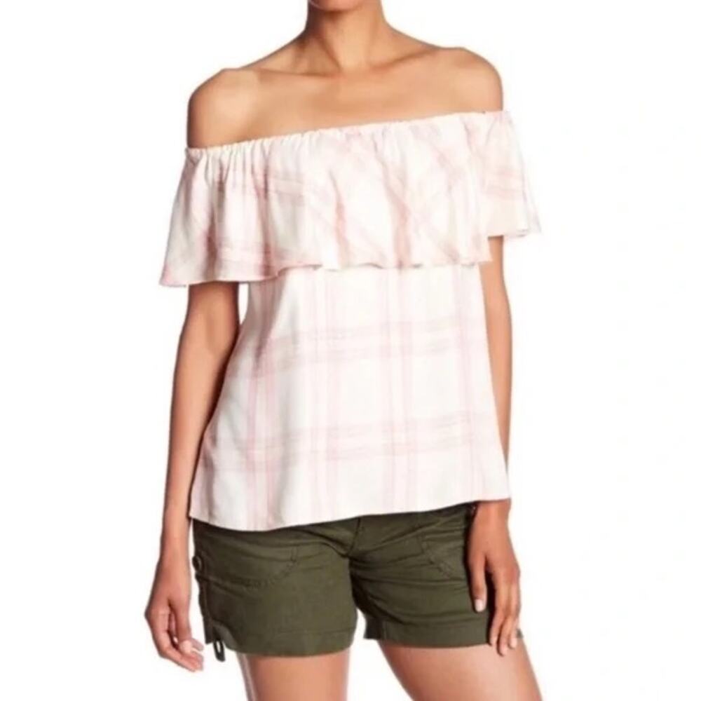 Sanctuary pink white plaid off the shoulder flounce top large